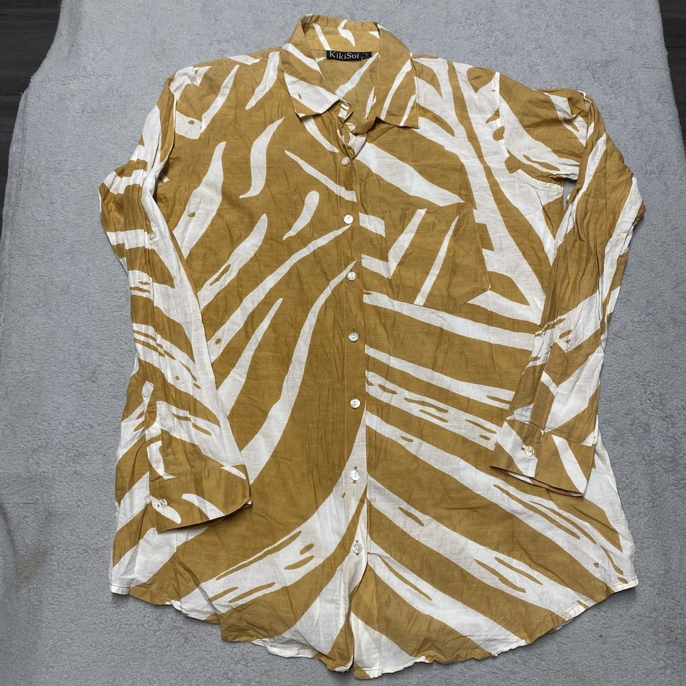Kikisol Top Womens Large Palm Tropical Resort Wear Shirt Roll Tab Lightweight‎